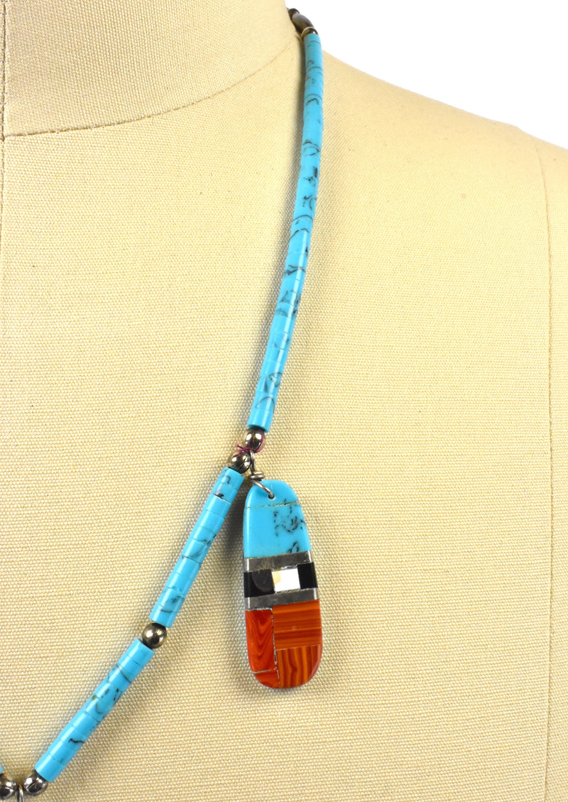 Old Pawn Santo Domino Kewa Heishi with Turquoise, Onyx, Red Jasper and Sterling Silver