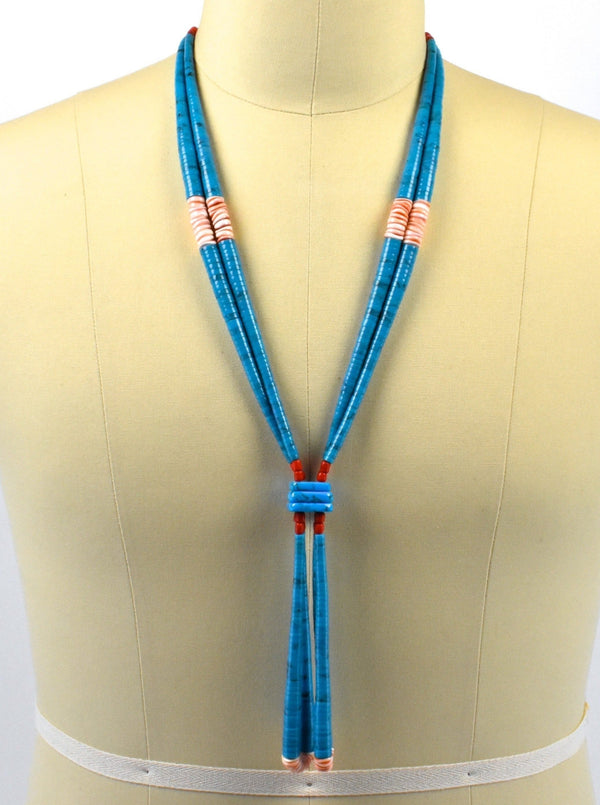 Long Turquoise, Coral Heishi Jacla Necklace with Double Loops