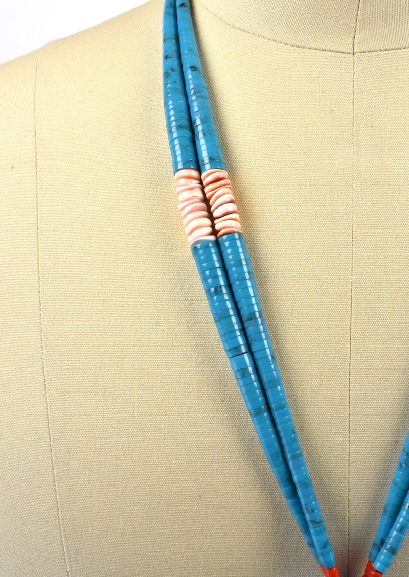 Long Turquoise, Coral, Heishi Jacla Necklace with Double Loops