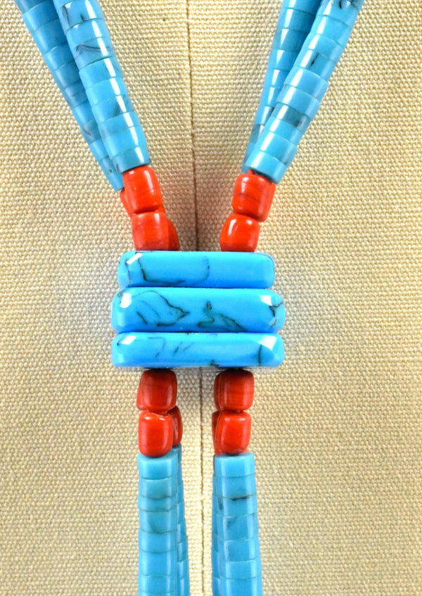 Long Turquoise, Coral, Heishi Jacla Necklace with Double Loops