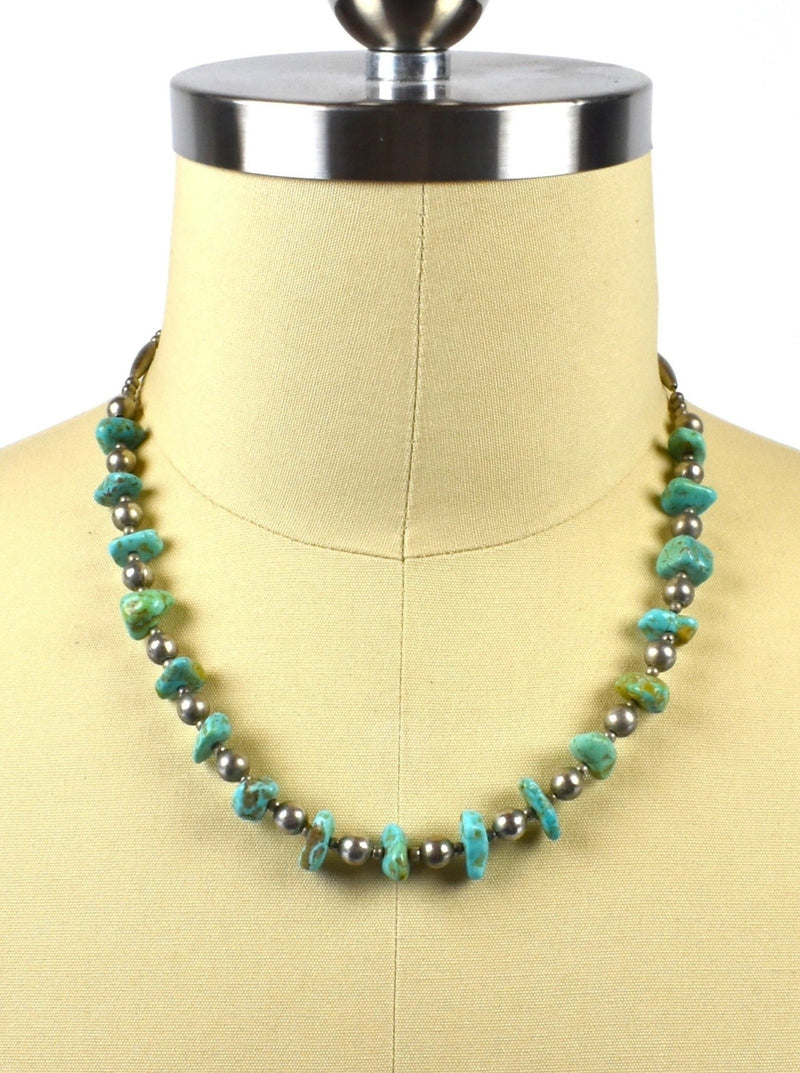 Beaded Sterling Silver and Turquoise Santa Fe Style Necklace