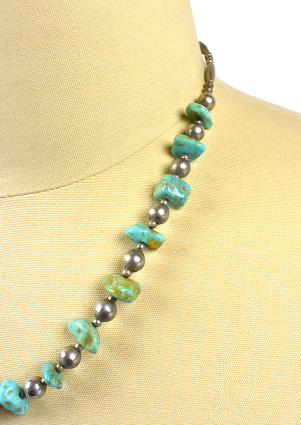 Beaded Sterling Silver and Turquoise Santa Fe Style Necklace