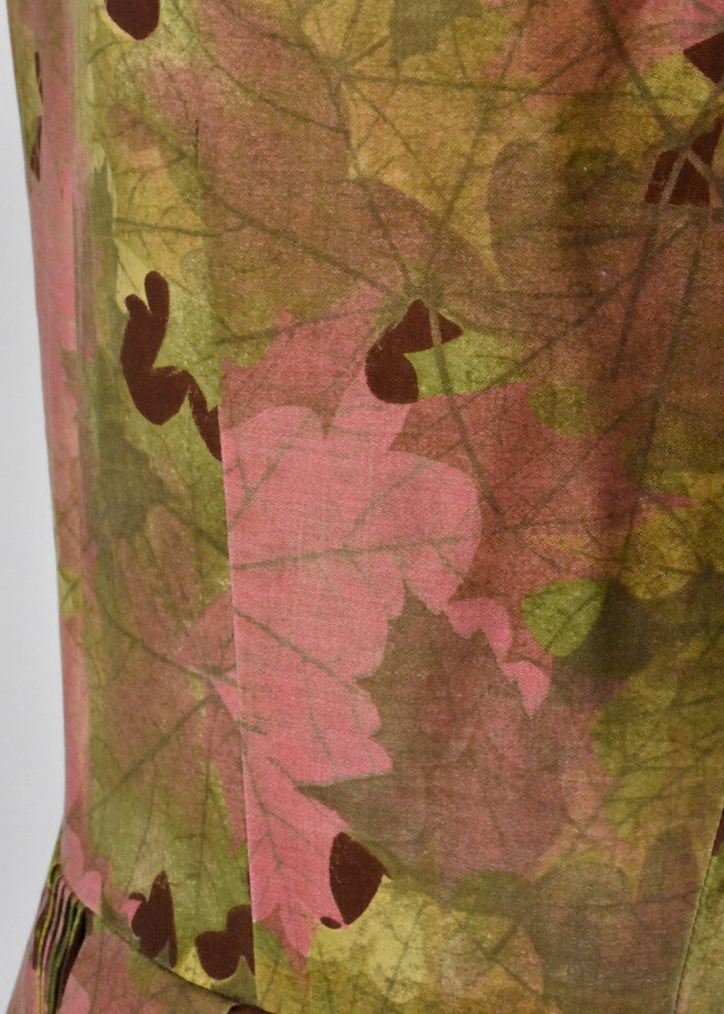 Pink and Green 1950's Autumn Leaf Print Swing Dress