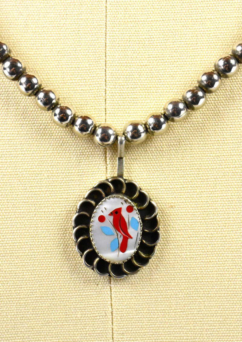 Mother of Pearl and Sterling Silver Southwestern Necklace with Cardinal