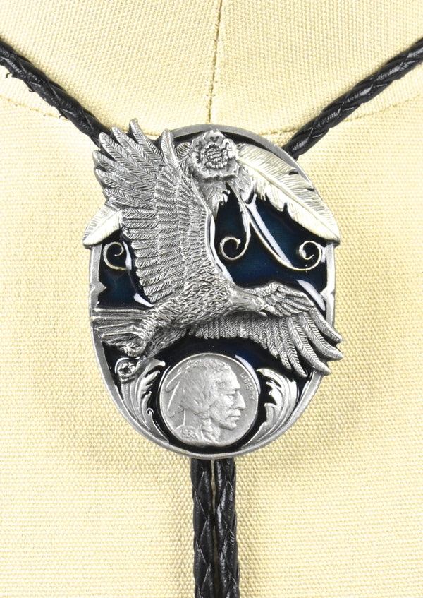 1995 Soaring Eagle and Buffalo Nickel Bolo Tie by Siskiyou Buckle Company, Made in the USA