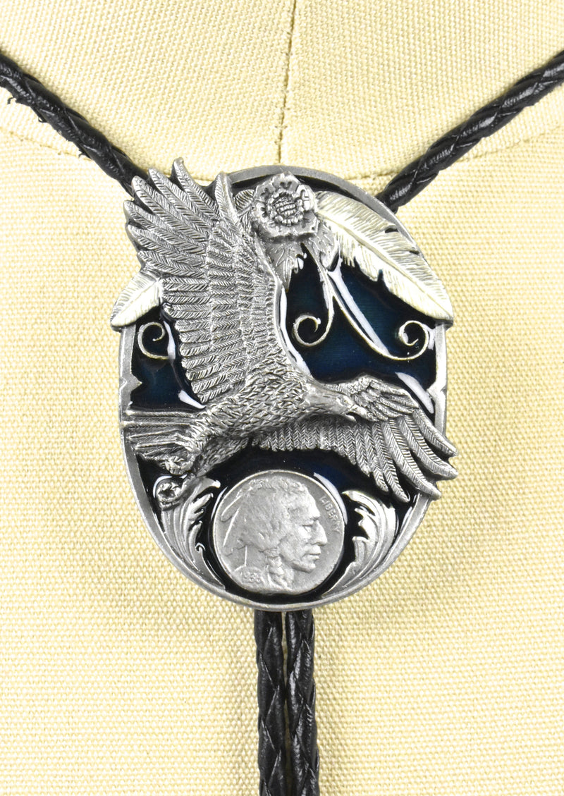 1995 Soaring Eagle and Buffalo Nickel Bolo Tie by Siskiyou Buckle Company, Made in the USA