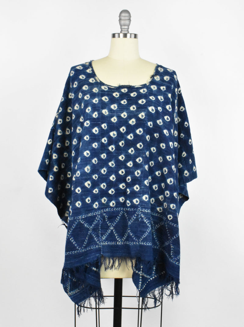Vintage Indigo Shibori Top with Fringe