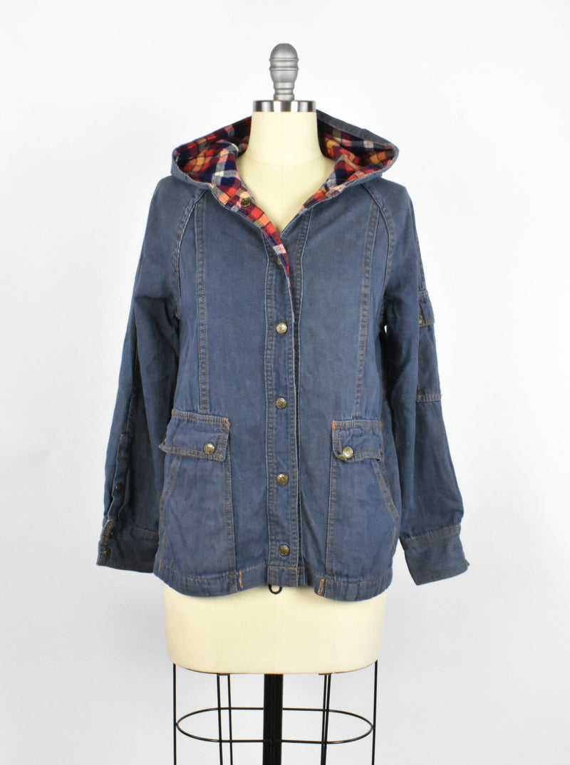 Vintage Denim Chore Jacket with Plaid Hood