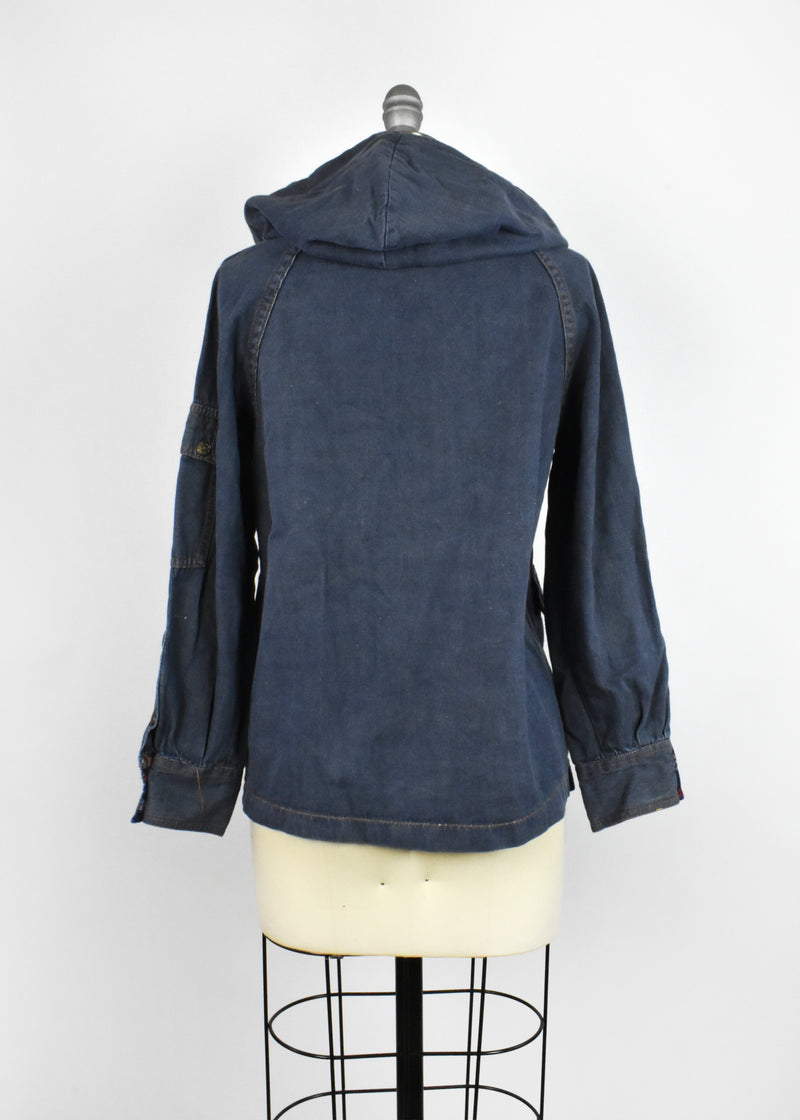 Vintage Denim Chore Jacket with Plaid Hood
