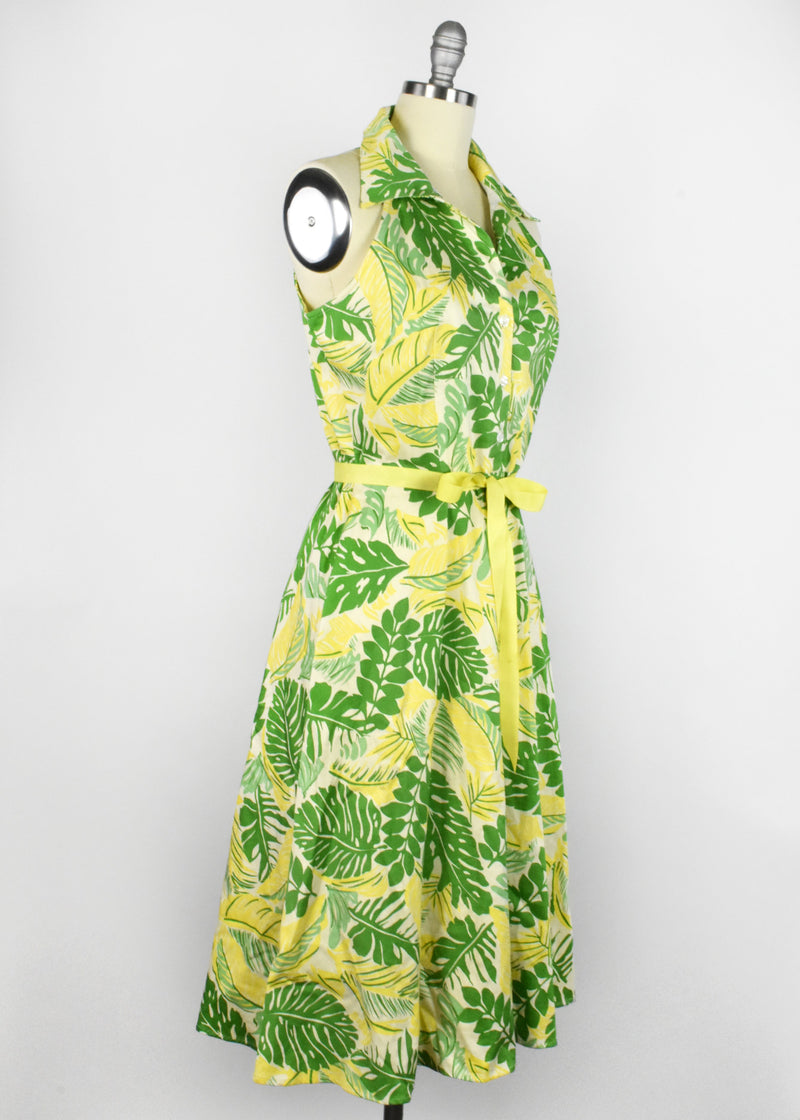 Monstera Leaf Print Sleeveless Shirt Dress