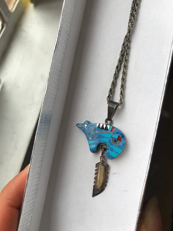 Bear Fetish with Eagle Feather Sterling Silver Necklace