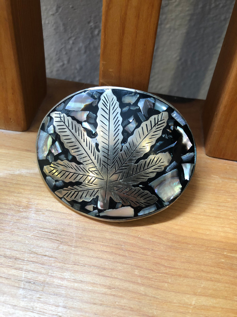 420 Abalone and Nickel Silver Belt Buckle - Marijuana Leaf