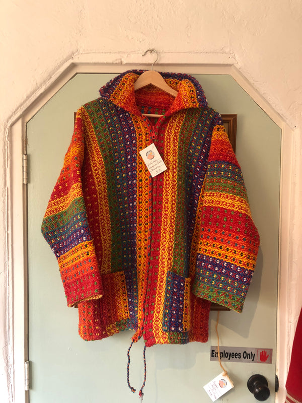Colorful Wool Cardigan w/Pockets and Drawstring