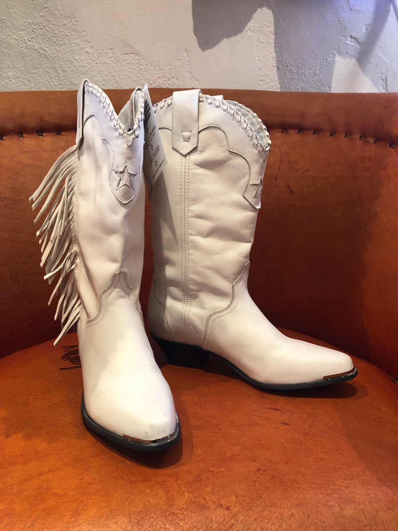 ACME White Fringe Leather Cowboy Boots 5.5