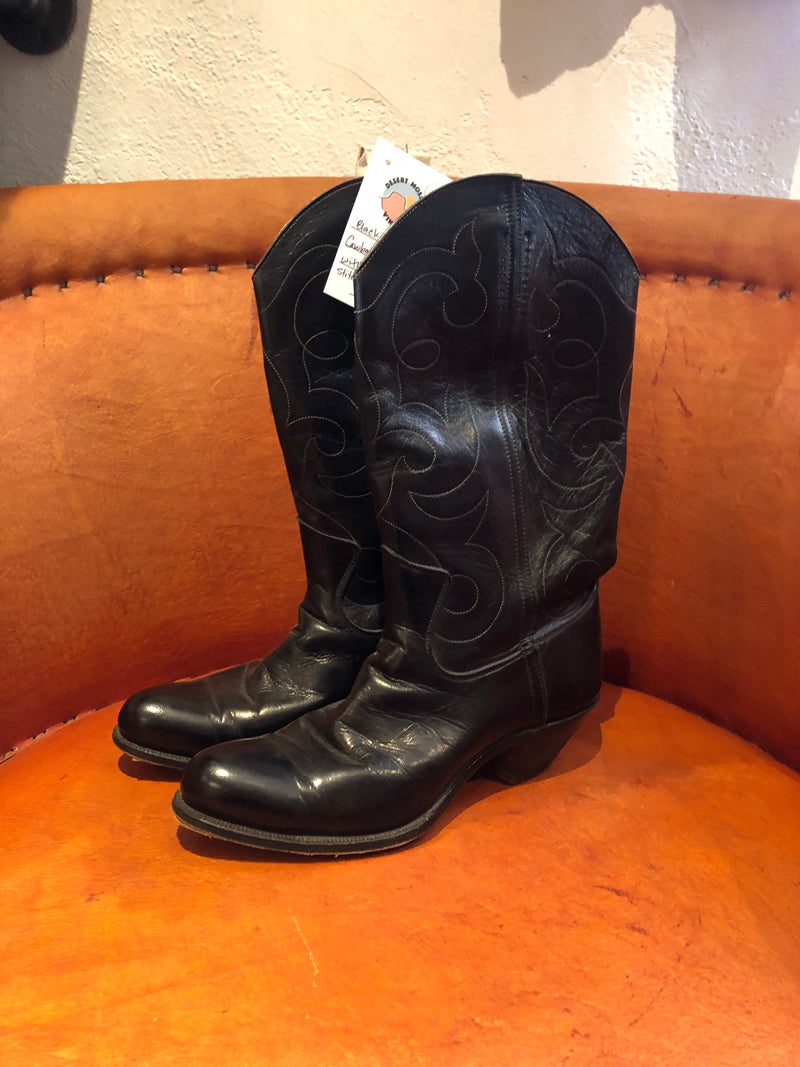 Black Leather Cowboy Boots with Rainbow Stitch 6