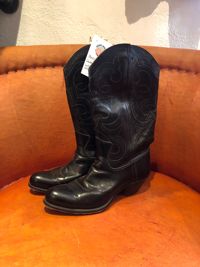 Black Leather Cowboy Boots with Rainbow Stitch 6