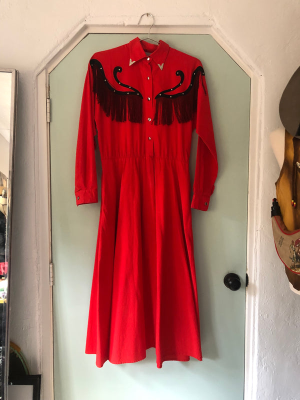 Red Southwestern Dress with Fringe by Lilia Smitty