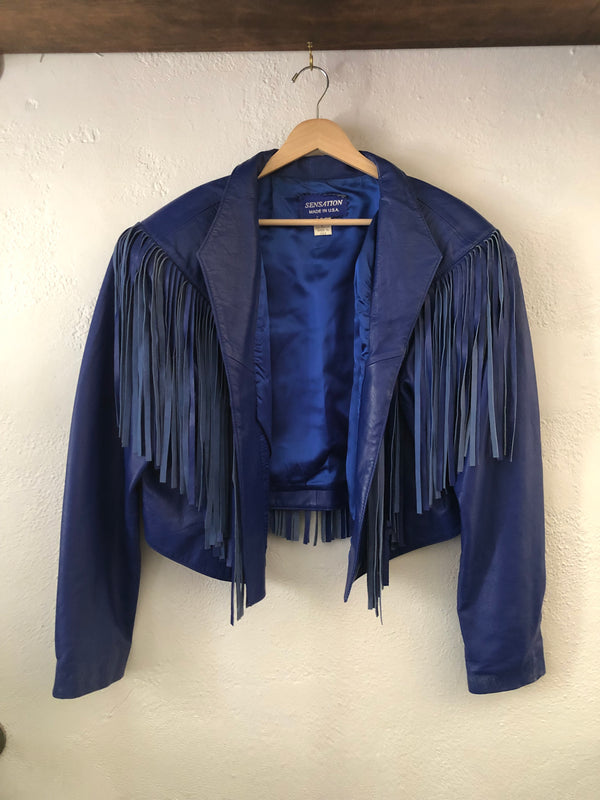 Blue Cropped Leather Fringe Jacket