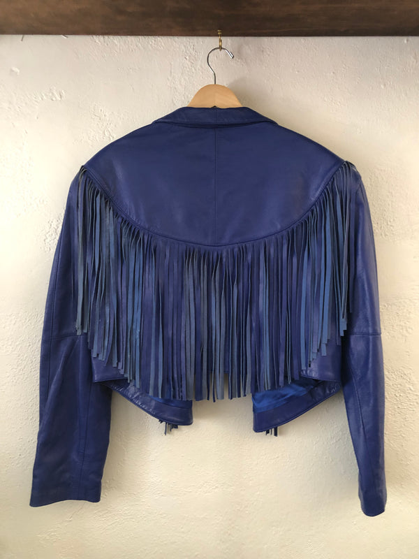 Blue Cropped Leather Fringe Jacket