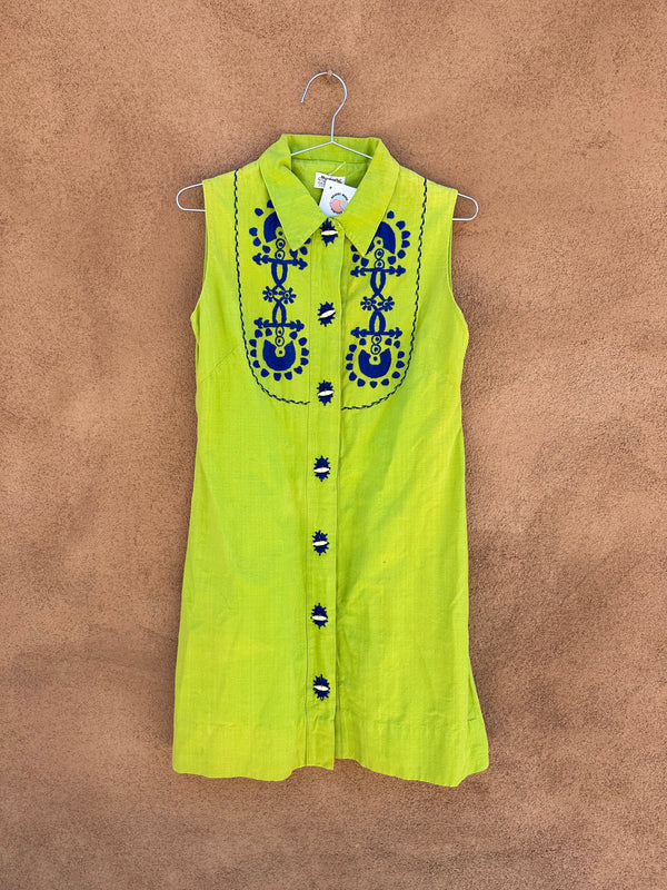 1960's Muchas Cosas Green/Blue Sleeveless Mexican Beach Dress