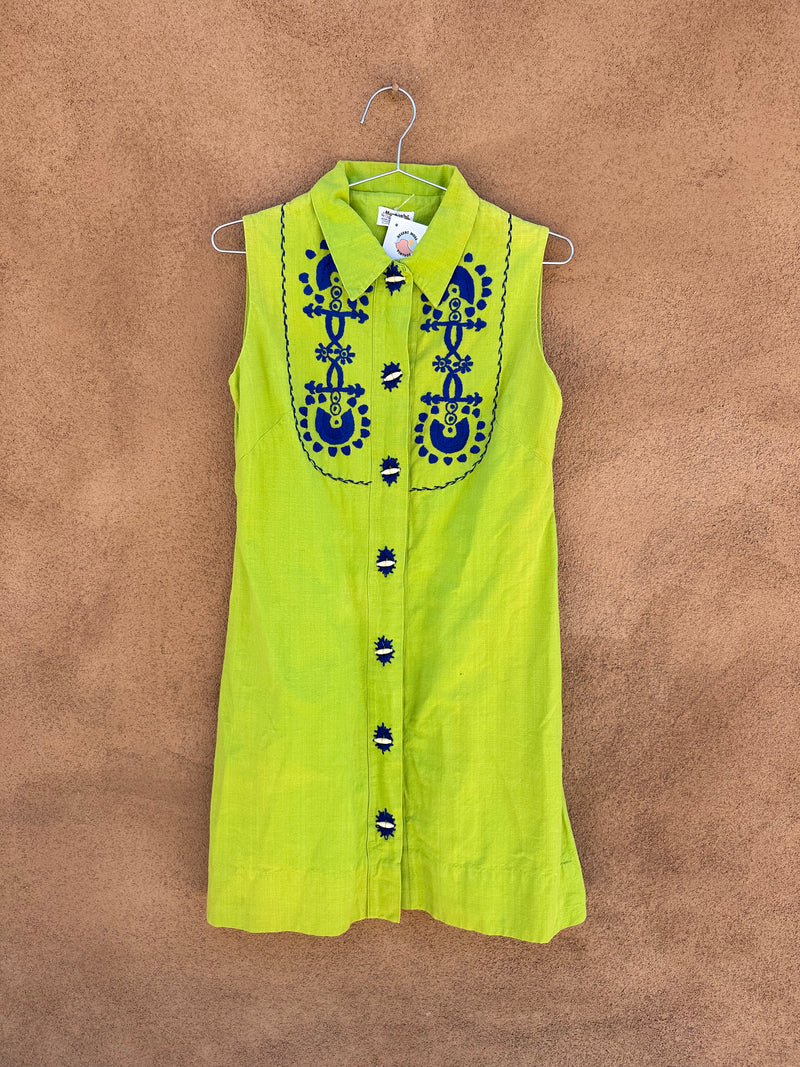 1960's Muchas Cosas Green/Blue Sleeveless Mexican Beach Dress