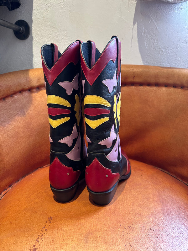 ACME Butterfly Boots - Black with Red, Pink, Yellow Overlay - 7.5