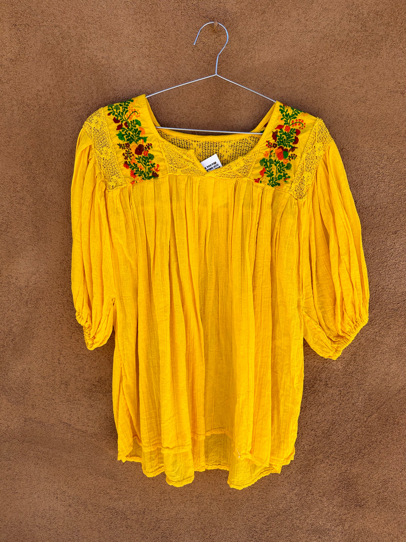 Yellow Embroidered Floral Mexican Blouse