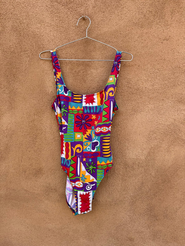 1980's Abstract One Piece Swimsuit