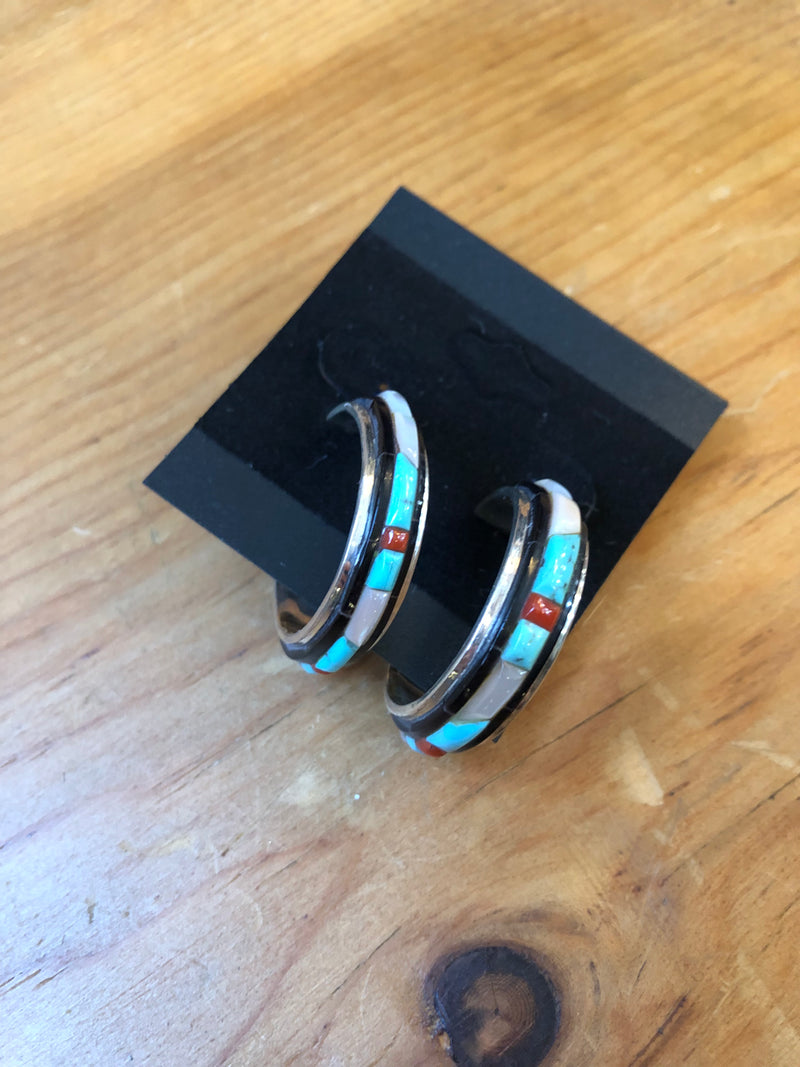 Turquoise, Coral, Abalone Sterling Silver Hoop Earrings