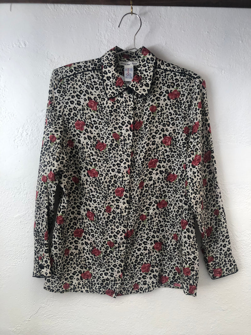 Silk Rose and Leopard Print Blouse