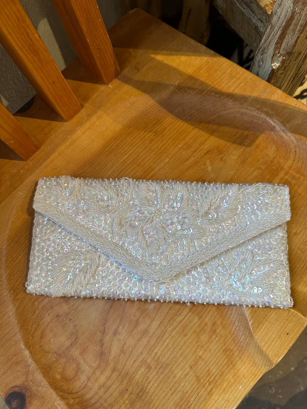 Beaded and Sequins White Clutch