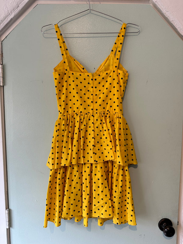 Yellow with Black Polka Dots Strappy Dress - 4