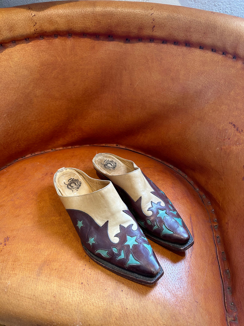 Charlie House Brown and Tan Mules with Blue Inlay 8