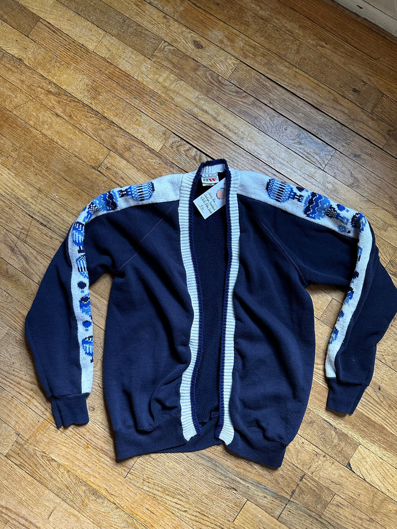 Navy Blue Cardigan Sweatshirt with Hot Air Balloon Sleeves