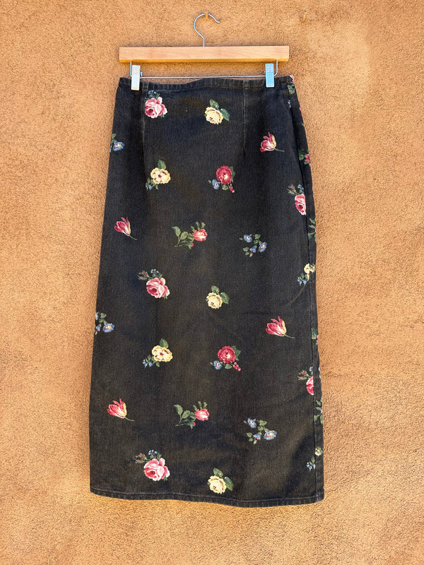 Long Vivaldi Denim Skirt with Flower Motif