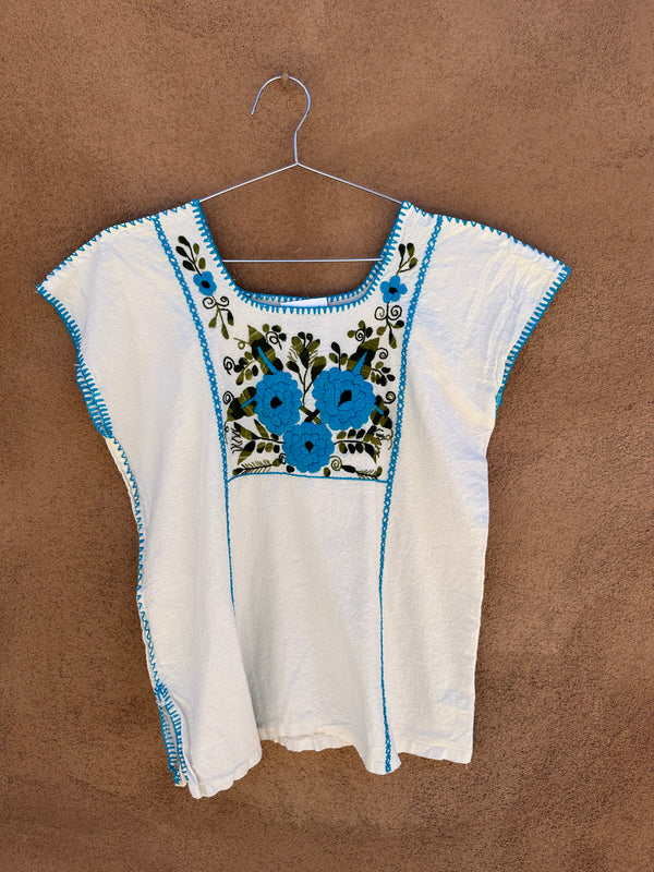 Mexican Embroidered Cotton Puebla Blouse, Cream and Blue