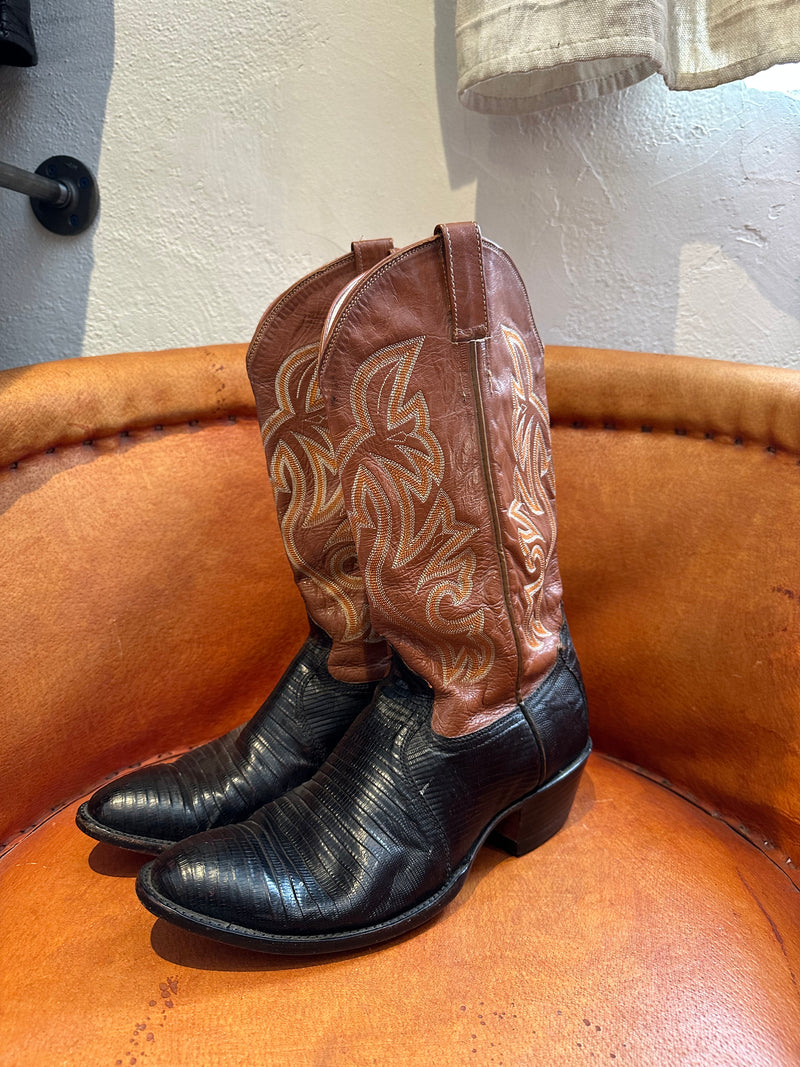 Cowtown Boots Brown Leather w/Cordovan Iguana Two-Tone Boots 8.5D