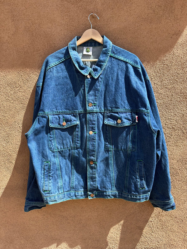 90's Cross Colours Green Stitch Denim Jacket with Hood