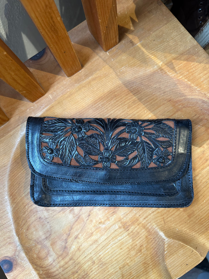 Black Hand Tooled & Embossed Large Leather Wallet