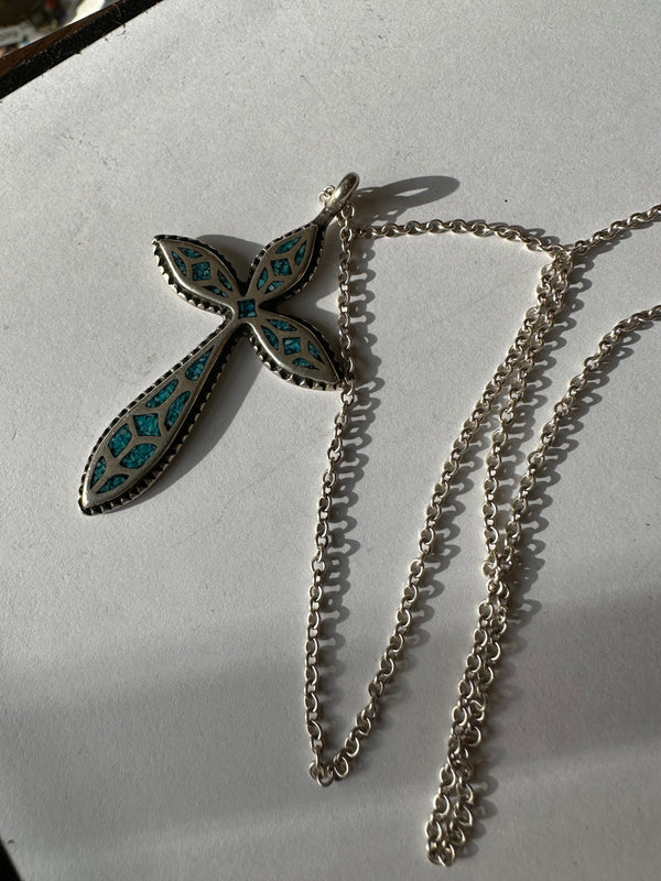Sterling Silver and Turquoise Flake Cross Necklace