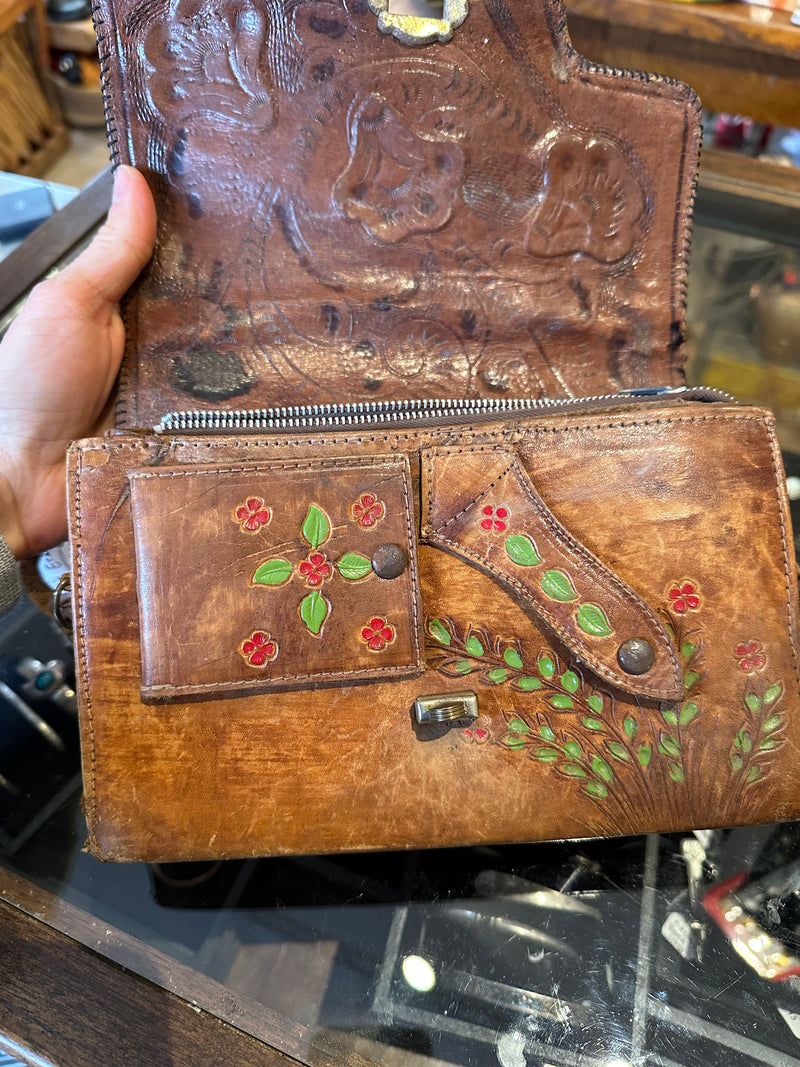 1960's Floral Hand Tooled Leather Purse with Multiple Pockets