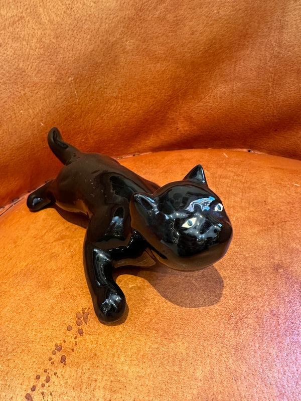 70's Cat Black Glazed Ceramic