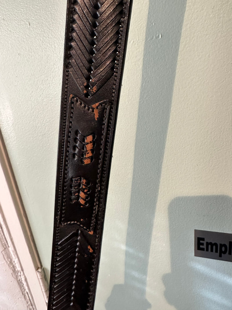 Black Leather Belt with Black Embroidered Leather Detail - 41
