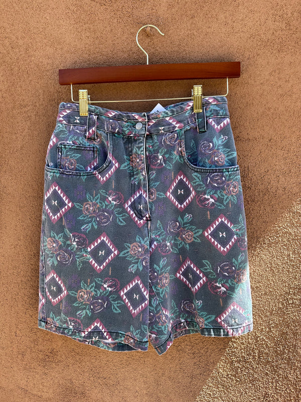 Rose and Southwestern Print Denim Shorts