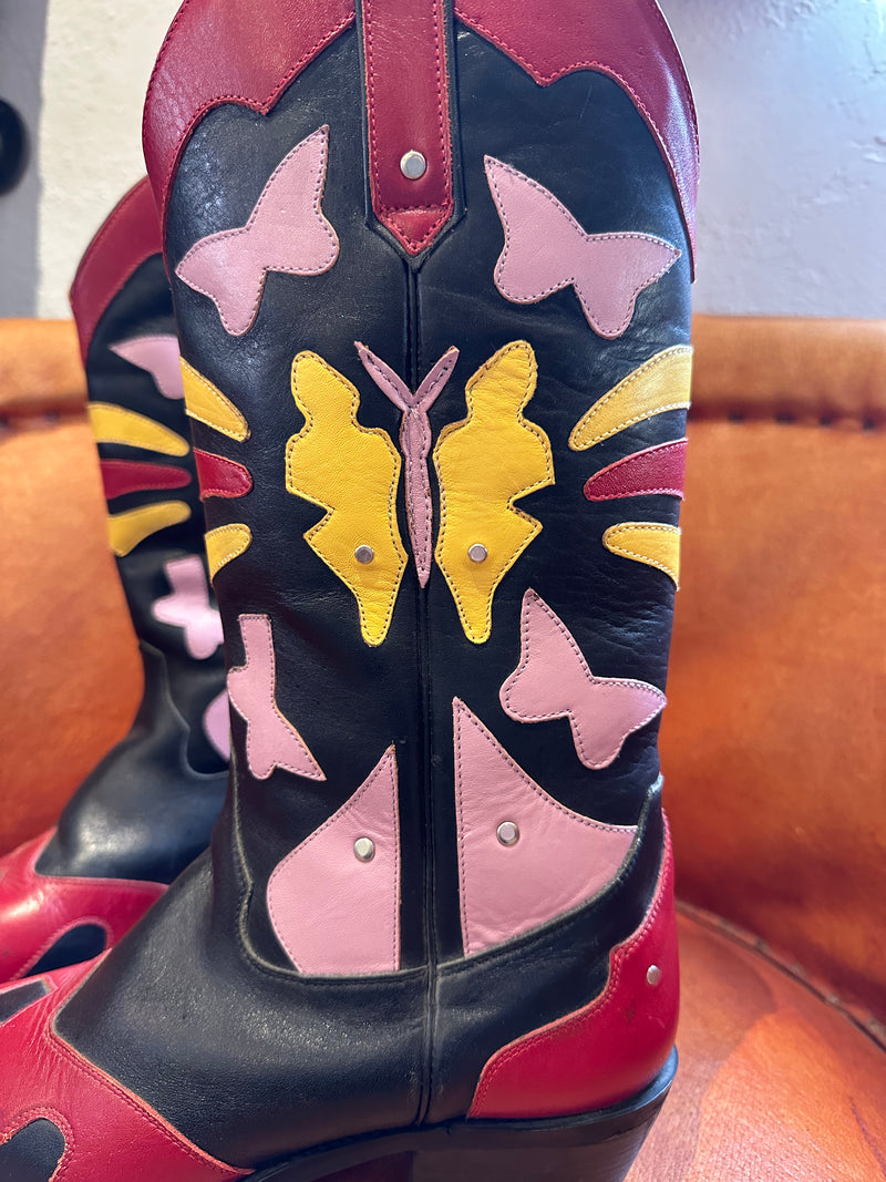 ACME Butterfly Boots - Black with Red, Pink, Yellow Overlay - 7.5