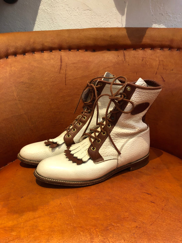 Two Tone Cream and Brown Pebble Grain Leather Justin Packer Boots