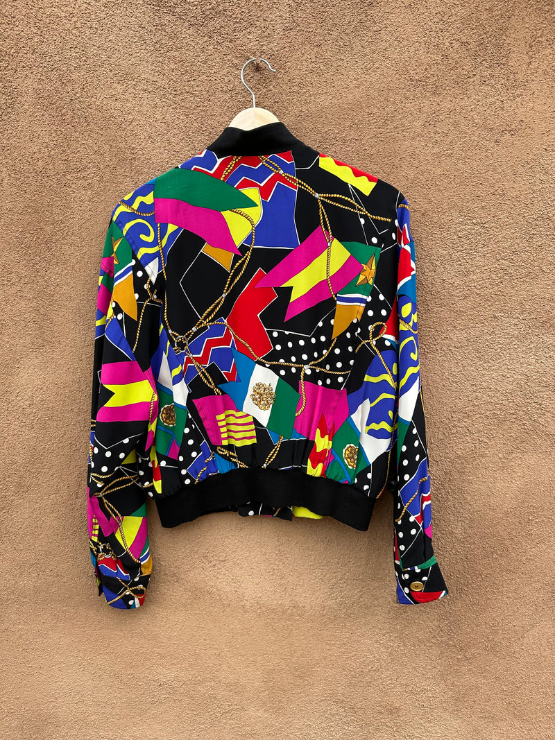 Crazy 80's Print Silk Bomber Jacket by Dana Buchman