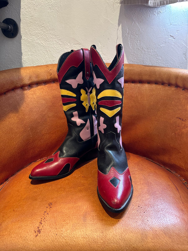ACME Butterfly Boots - Black with Red, Pink, Yellow Overlay - 7.5
