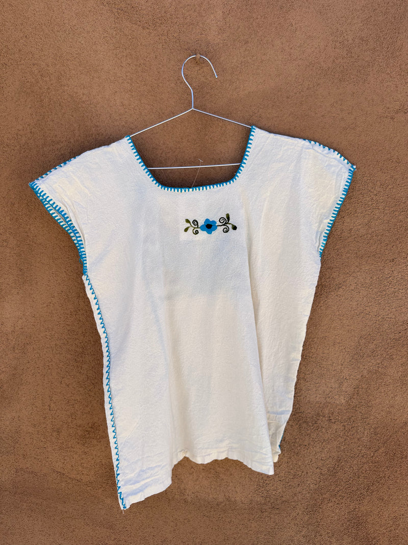 Mexican Embroidered Cotton Puebla Blouse, Cream and Blue