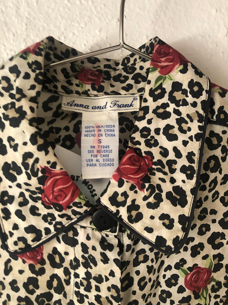 Silk Rose and Leopard Print Blouse